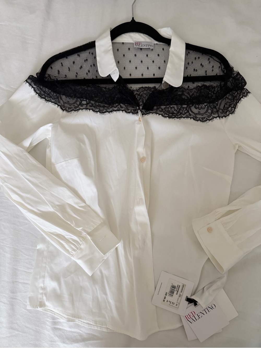 RED Valentino White Button-Up Blouse with Black Lace Yoke
